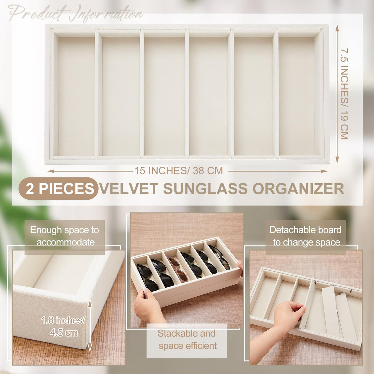 Juexica 2 Pcs Velvet Sunglasses Organizer Tray 6 Grid Sunglass Organizer Velvet Tray Stackable Glasses Display Case for Women Glasses Jewelry Display Watch (Beige) Juexica