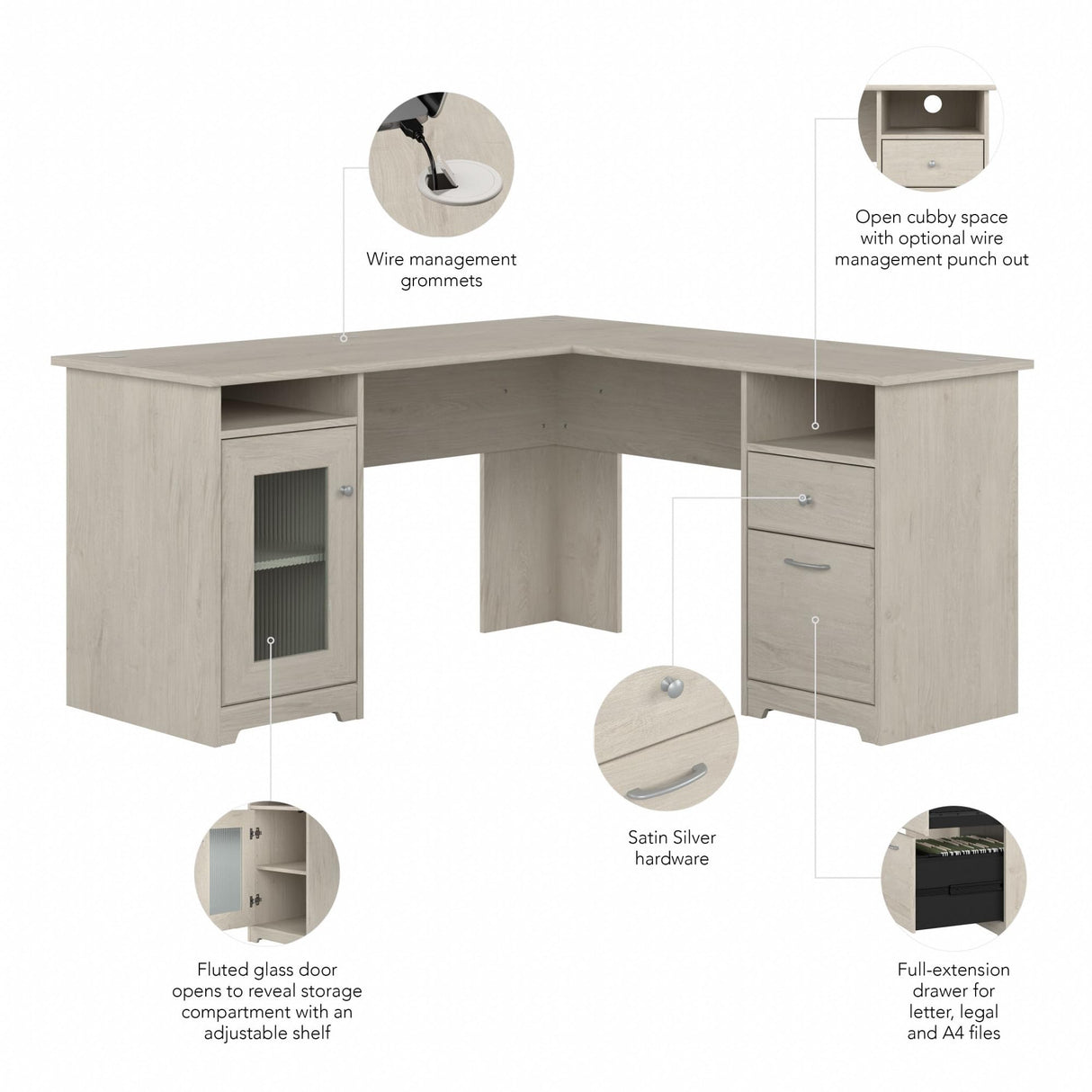 Bush Furniture Cabot 60W L Shaped Computer Desk with Storage in Linen White Oak Bush Business Furniture