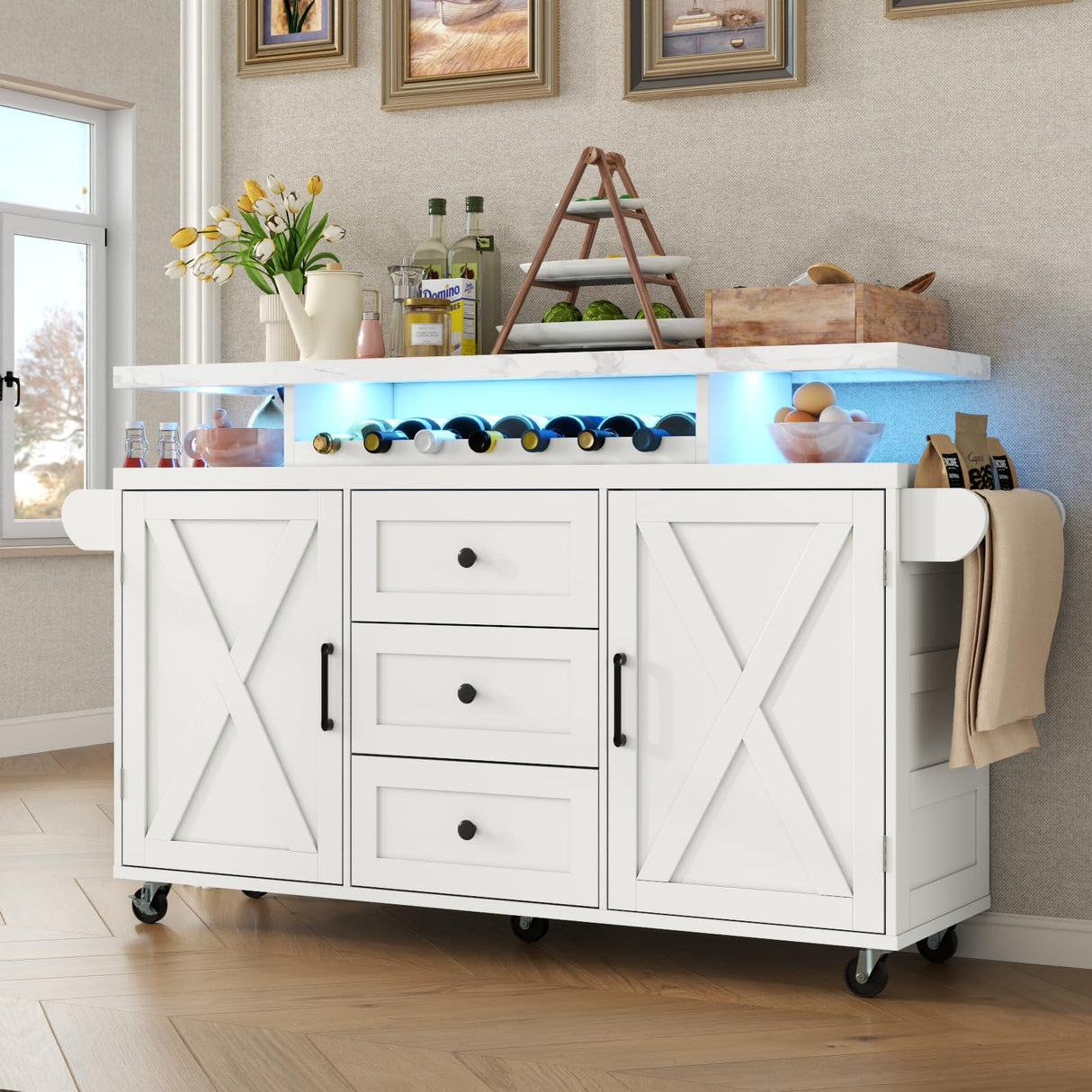 Rolling Kitchen Island Cart with Storage, Kitchen Island on Wheels with LED Lights & 3 Drawers, Side Table with Spice Rack & Towel Rack, Large Mobile Islands Table for Dining Room, White Gyfimoie