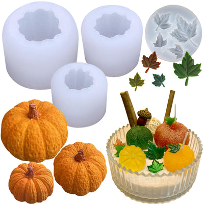 ZQYSING (4 Pack) Pumpkin Candle Molds with Leaf Mold, Set of Large + Medium + Small 3D Pumpkin Silicone Molds for Candles Wax Soap Epoxy Resin Casting Thanksgiving Halloween DIY Art Gifts Home Decor