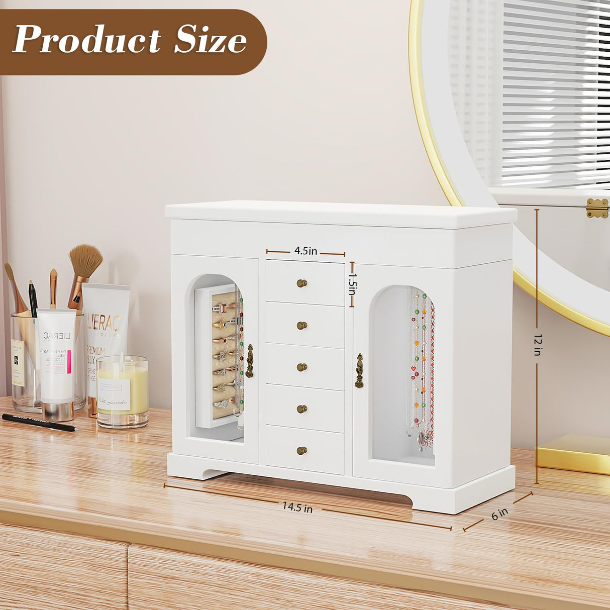 Miratino Jewelry Box for Women Girls, Wooden Jewelry Organizer Box with Mirror, 5 Layer Jewelry Storage Case Display for Necklaces Earrings Rings Bracelets Valentine's Day Gifts Miratino