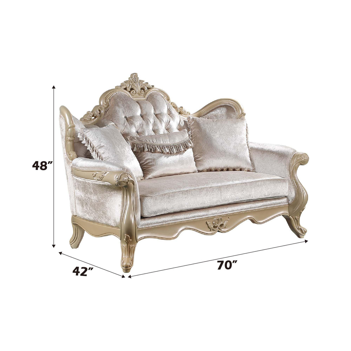 Acme Libertee Upholstered Loveseat with 3 Pillows in Beige and Champagne Acme