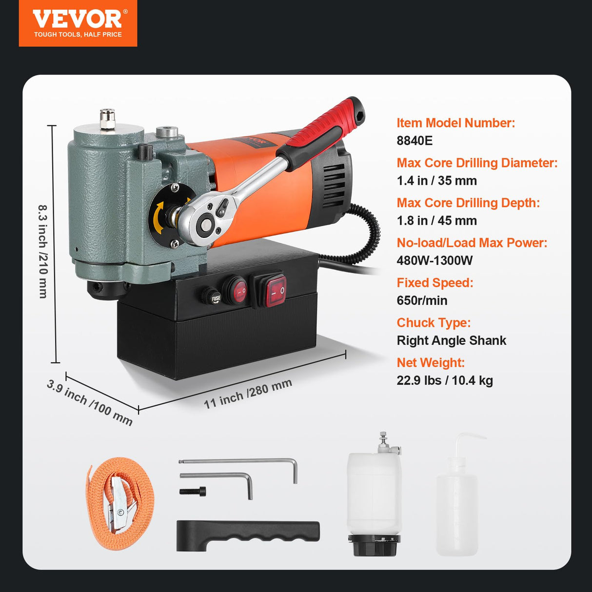 VEVOR Low Profile Magnetic Drill Press, 1300W Mag Drill, Light Weight Portable Mag Drilling Machine with Cooling Device and Overload Protection, Mag Press for Equipment Installation, Industrial VEVOR