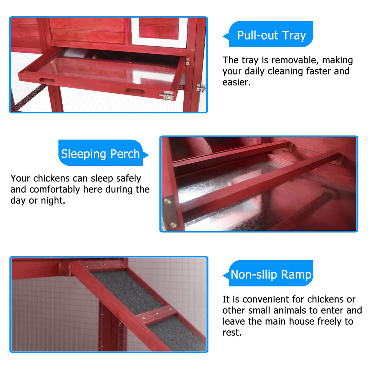 PetsCosset Chicken Coop Wooden Backyard Hen House - Indoor Outdoor for 2-3 Chickens, 2 Story Poultry Cage with Run, Chicken Nesting Box, Pull Out Trays and Anti-Slip Asphalt Ramp PetsCosset