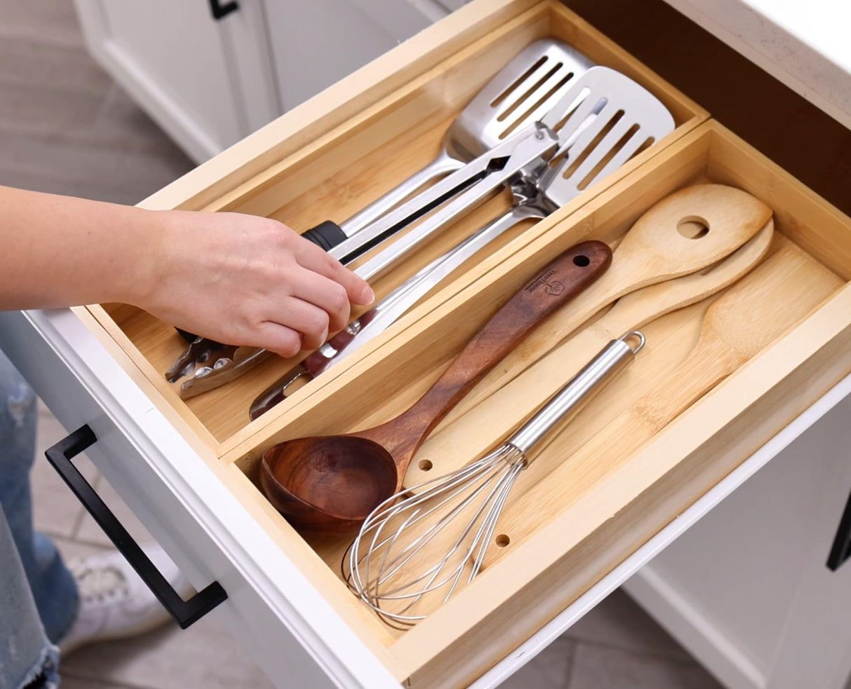 Fabsome Kitchen Utensil Drawer Organizer, Bamboo Silverware Cutlery Flatware Organizer Bins, Wooden Container Storage Trays for Bathroom Vanity Junk Drawer, 15" x 6" Set of 2 Fabsome