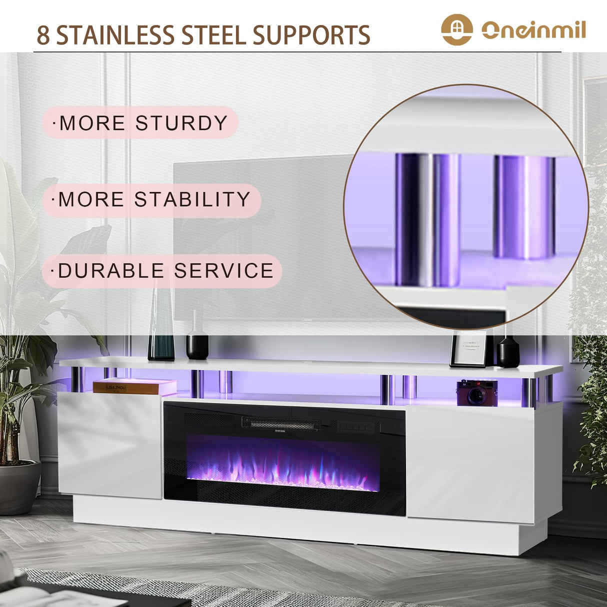oneinmil Fireplace TV Stand with 36" Electric Fireplace,LED Light Entertainment Center,2 Tier TV Console Stand for TVs Up to 80",Fireplace for The Living Room TV Stand,White oneinmil