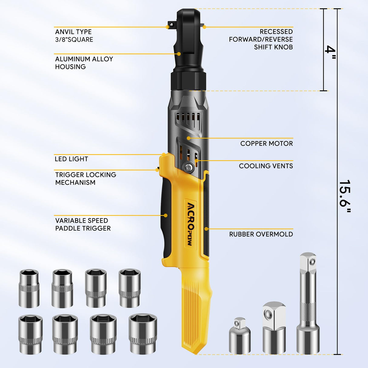 ACROPOW 3/8" Cordless Ratchet Wrench, Compatible with DEWALT 20V Battery, 74Ft-Lbs Brushless Motor Electric Ratchet with Variable Speed, Sockets Set, Adapters and Tool Bag(No Battery and Charger) ACROPOW