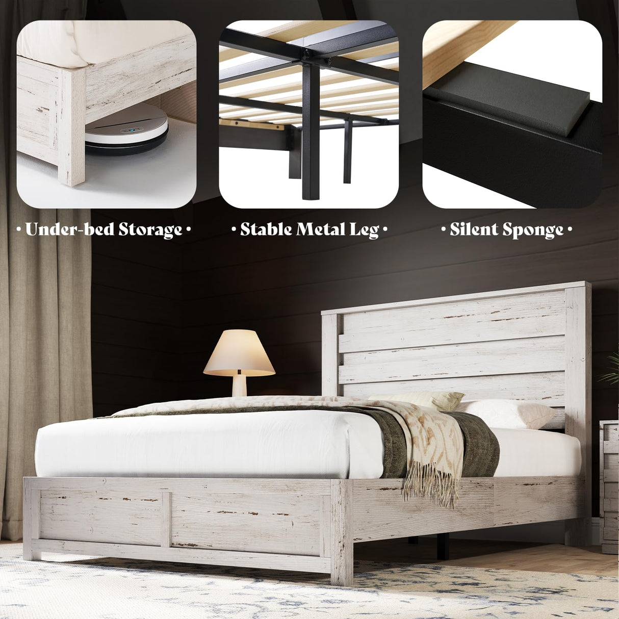 AMERLIFE Farmhouse Queen Size Bed Frame with 49" Fluted Headboard, Wood Platform Bed with Natural Grain, No Box Spring Needed/Noise Free, Distressed White AMERLIFE