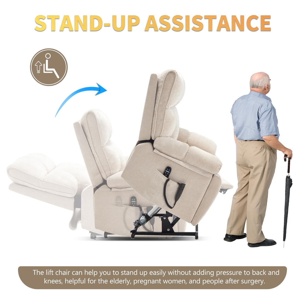 Trustyue Extra Large Dual Motor Power Lift Recliner Chair, Lift Chair with Massage and Heat for Elderly, Lay Flat Recliner, Standing Assistance, Stainless Steel Cup Holders, Chenille Beige Trustyue