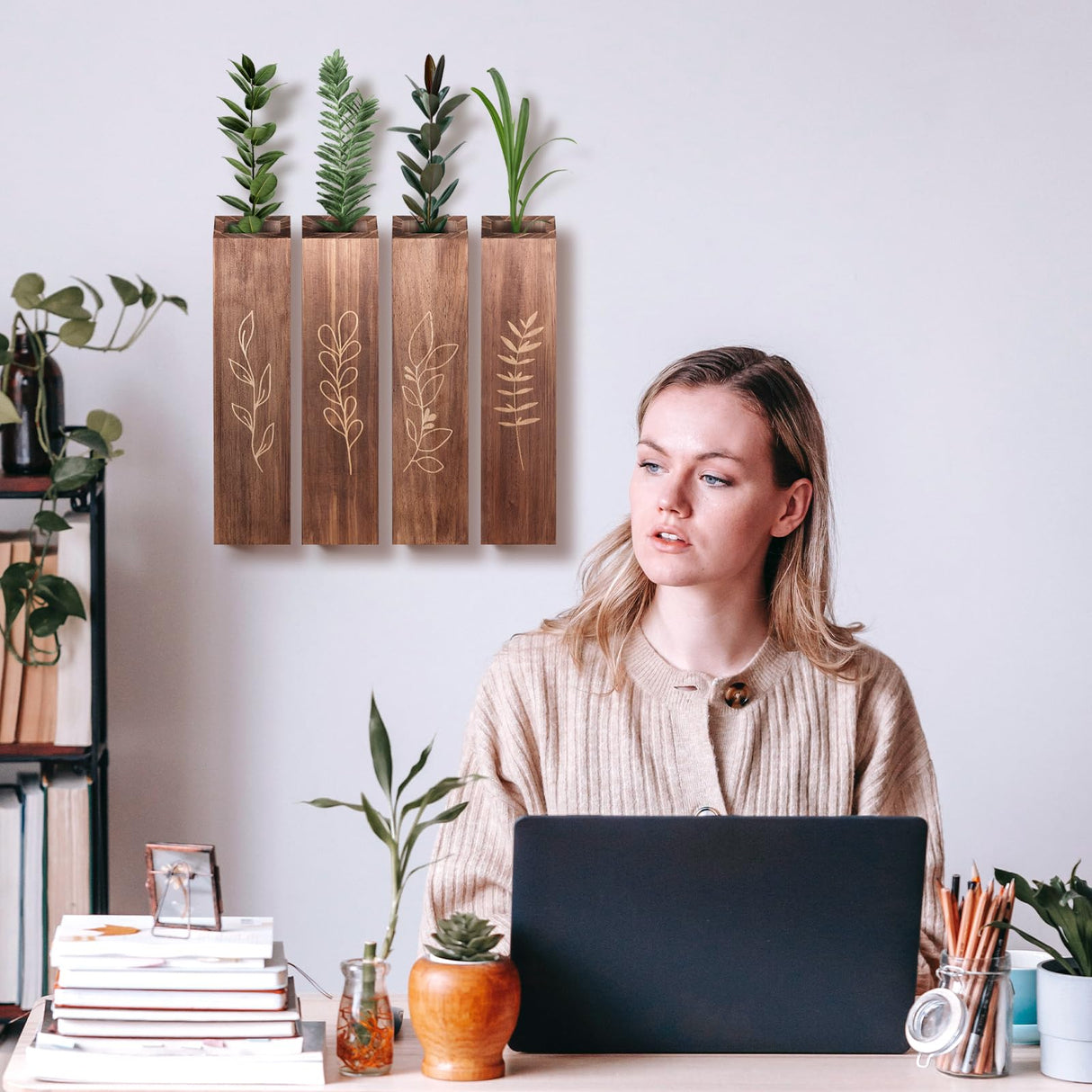 4 Pack Wood Indoor Wall Planter, Modern Wall Decor for Living Room Bedroom, Farmhouse Pocket Wall Vases for Dried Flowers and Faux Greenery Plants - Brown BOTOP