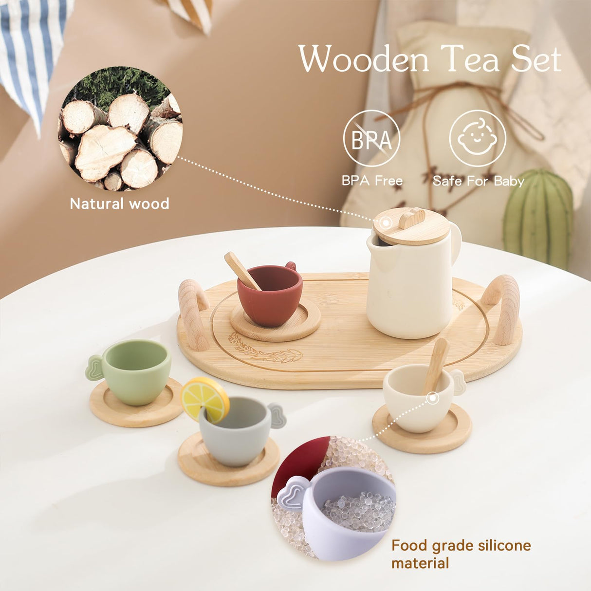 Tea Party Set for Kids, Wooden Tea Set for Little Girls and Boys, Kids Play Kitchen Accessories Toy Dishwasher Safe Tea Set for Toddler, Pretend Play Toddler Tea Set Ideal Christmas Birthday Gift Ikubigu
