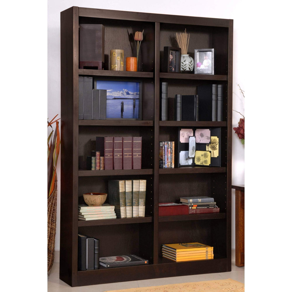 Elegant 72" Espresso Double Wide Wood Bookcase with 10 Shelves Concepts In Wood