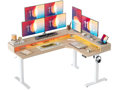 TIQLAB 63'' L-Shaped Standing Desk with LED Light Strip and Power Outlet, Height Adjustable Corner Table with Ergonomic Monitor Stand, Light Walnut