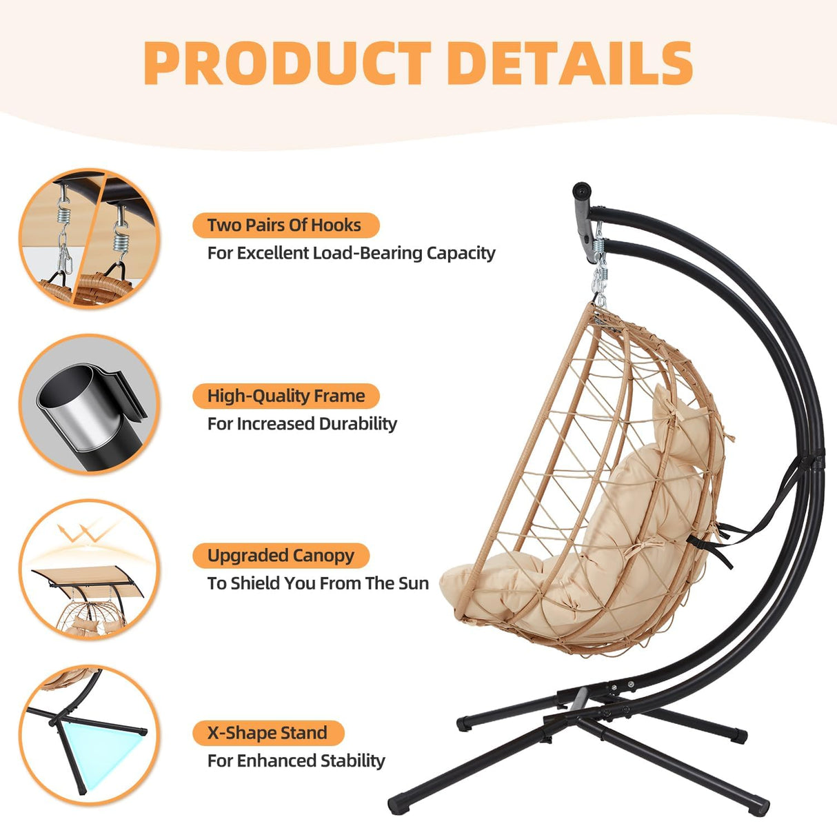 YOLENY Oversized Double Egg Chair with Adjustable Canopy, Patio Hanging Swing Chair, Hammock Chair with Cushion YOLENY