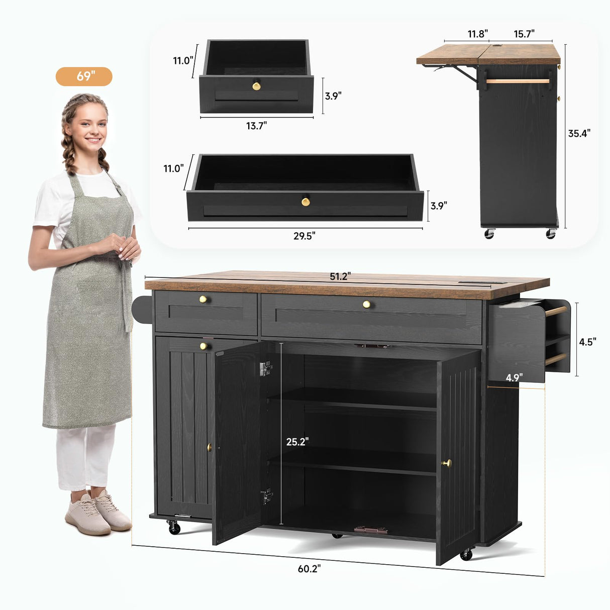 60" Kitchen Island with Power Outlet & Drop Leaf, Kitchen Rolling Island with Spice Rack & Towel Rack, Knife Holder, Kitchen Island Cart with Trash Storage Cabinet, Mobile Island Table for Kitchen ONBRILL