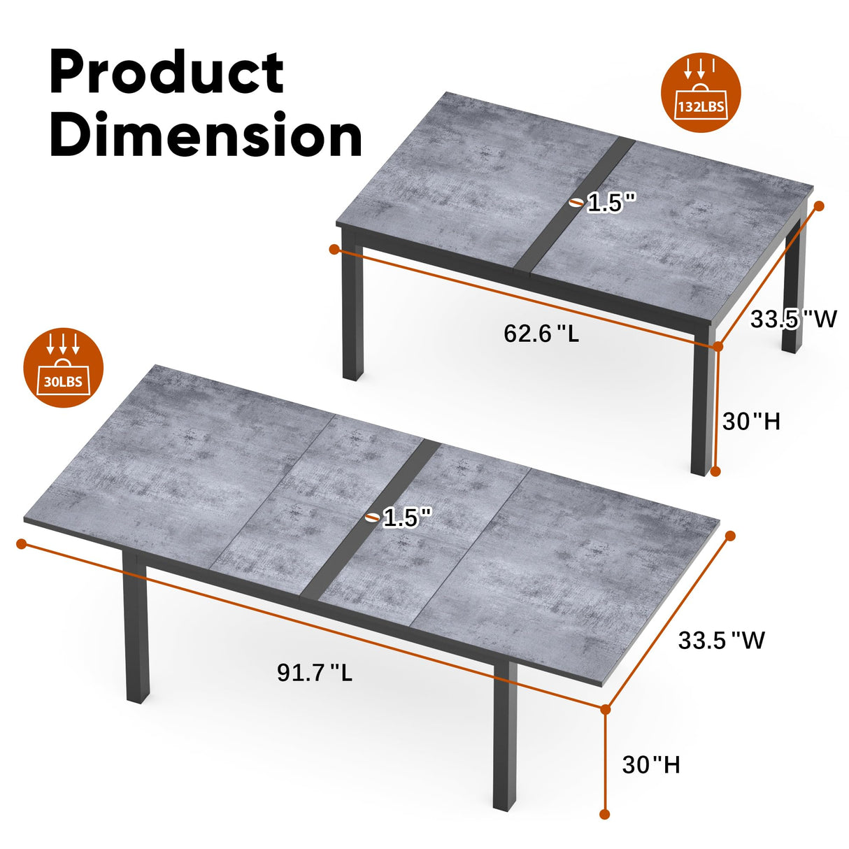 May in Color 92” Dining Room Table for 4-10 People, Large Extendable Dining Table, Rectangular Aluminum Kitchen Table for Living Room, Office Area, Grey May in Color