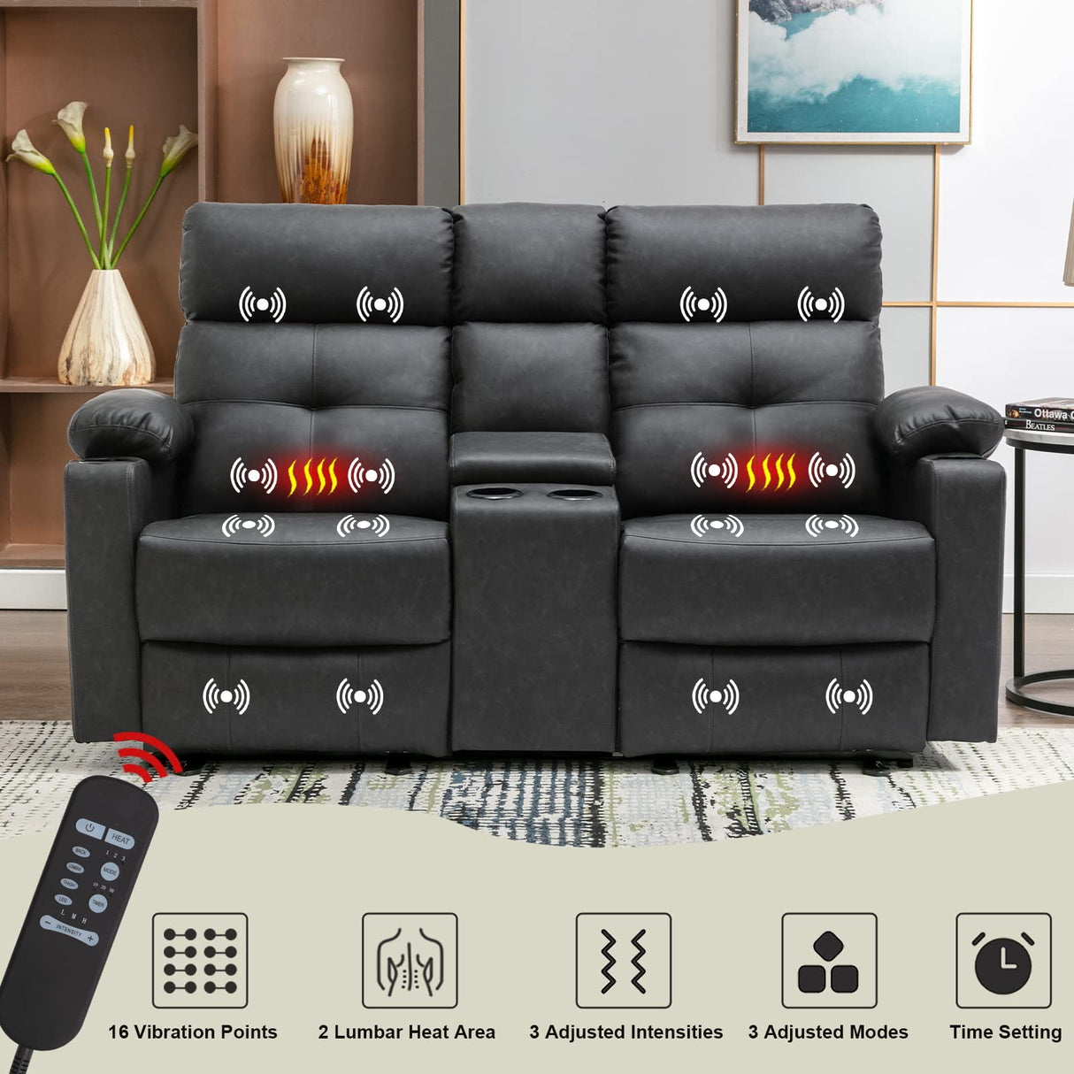 Consofa Power Reclining Loveseat with Console, Power Loveseat Recliner Sofa with Heat and Massage, Extended Footrest, Loveseat Recliner with Cup Holders, Lumbar Support for Living Room, Home Theater Consofa
