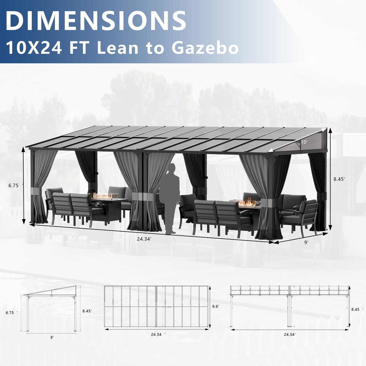 ASJMR Outdoor Lean to Gazebo 10x24FT, Hardtop Wall Mounted Gazebo with Sloping Sun Panel Roof, Awnings for Patio with Metal Frame, Double Curtains for Garden, Lawn, Backyard Deck ASJMR
