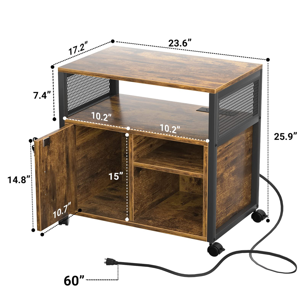 Unikito Lateral File Cabinet, Locking Office Filing Cabinets with Socket and USB Charging Port, Modern Rolling Printer Stand with Storage for A4, Letter Size and File Folders, Rustic Brown Unikito