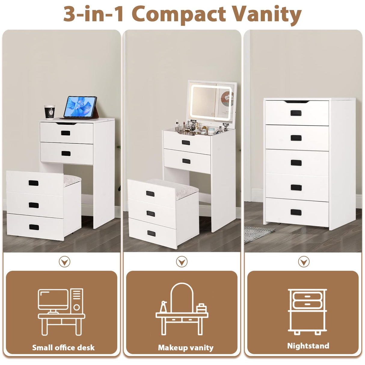 HVCBOSS 3 in 1 Vanity Desk with Flip Top Mirror, Small Make Up Vanity Set with Visible Glass Desktop, Compact Makeup Vanity with 3 Drawers, Cushioned Tool, Dressing Table for Bedroom HVCBOSS