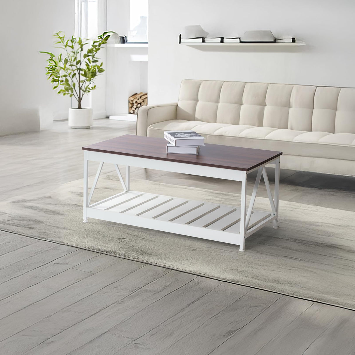 EDWINENE 39.4 Inches White Coffee Table for Living Room, Farmhouse Coffee Table with Storage Shelf EDWINENE