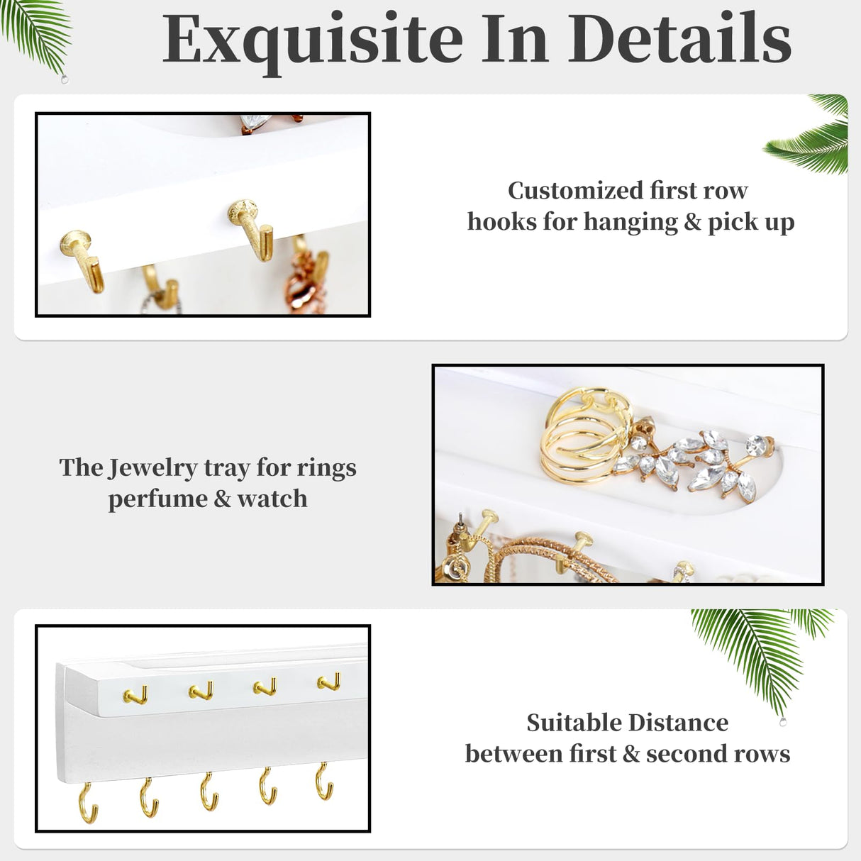 YYILIS Necklace Holder, Upgraded Extra Large Wall Necklace Organizer with 30 Hooks Wall Mounted Necklace Hanger with Jewelry Tray/Cosmetics Shelf Rustic Pine Wood Holder (White) YYILIS