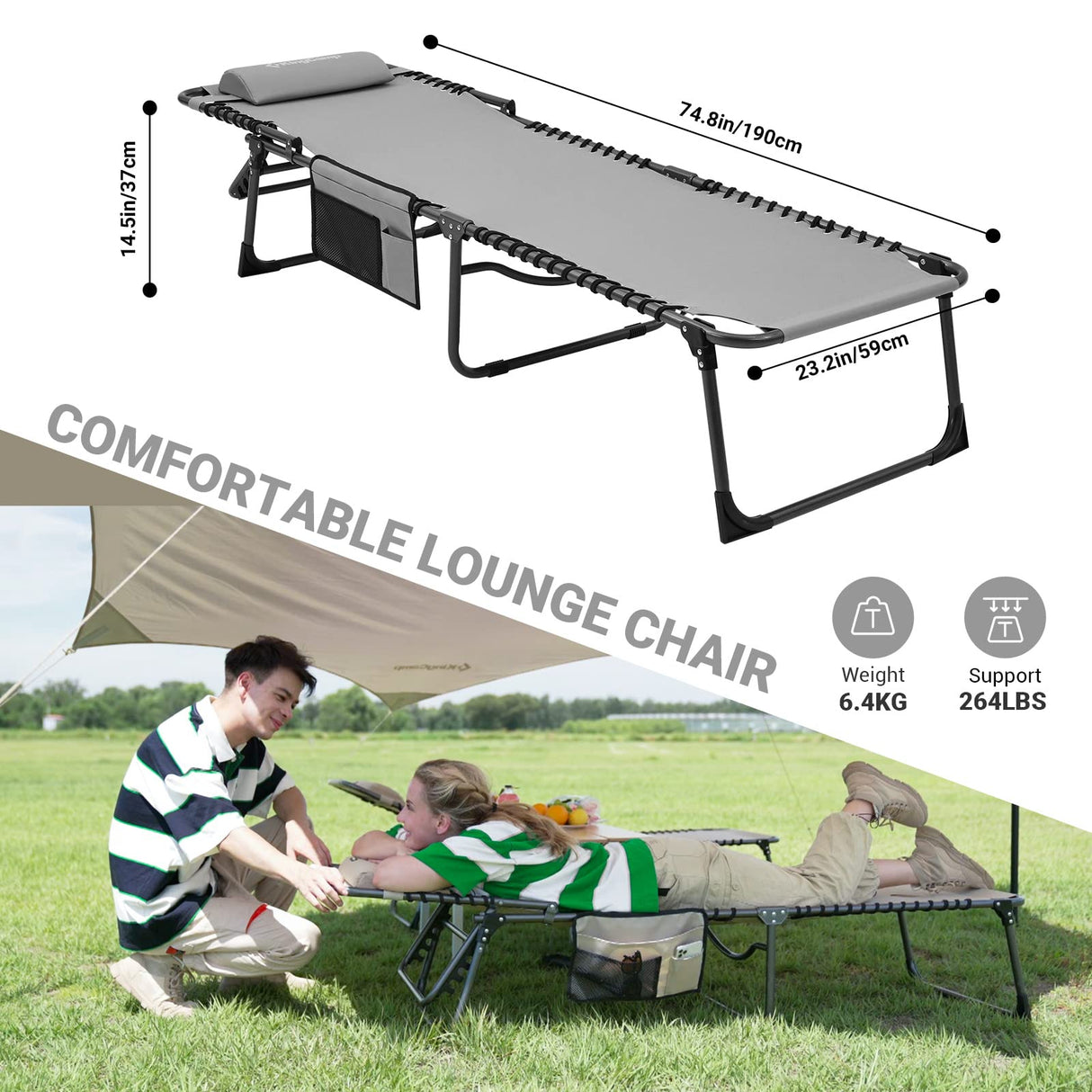 KingCamp Lounge Chair Outdoor, Folding Portable Tanning Chairs Comfy Adjustable 5-Position Lay Flat Foldable Chaise Chaser Lounger with Pillow for Outside Beach Patio Sun Bathing Pool Backyard, Grey KingCamp