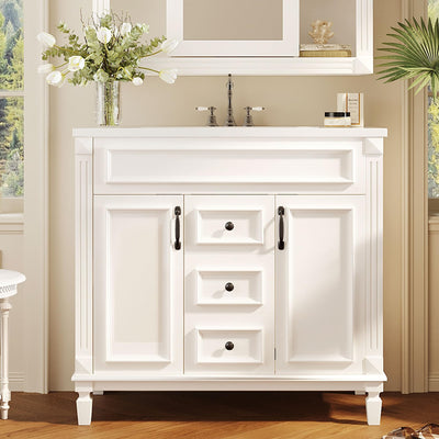 Merax 36" Bathroom Vanity with Sink Combo, Modern Painted Bathroom Cabinet Vanity with 2 Drawers and Storage, Vintage Metal Handle, Ceramic Sink Top, Solid Wood Frame