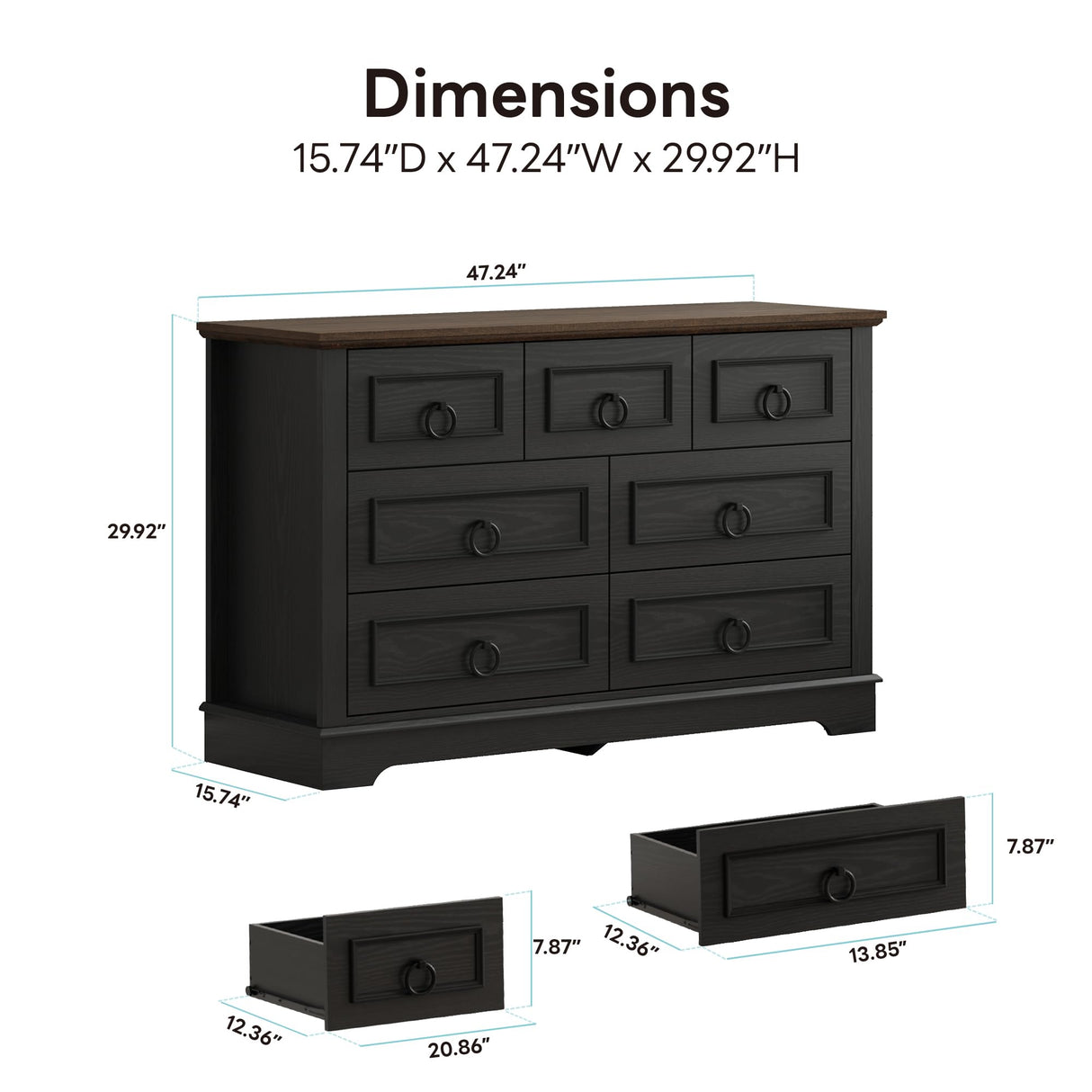 LIKIMIO Farmhouse Dresser for Bedroom with 7 Drawer, 47.2" Wide Wood Rustic Chest of Drawers with Round Metal Handle, Thickened Desktop, Storage Dressers for Bedroom, Hallway, Entryway, Black LIKIMIO