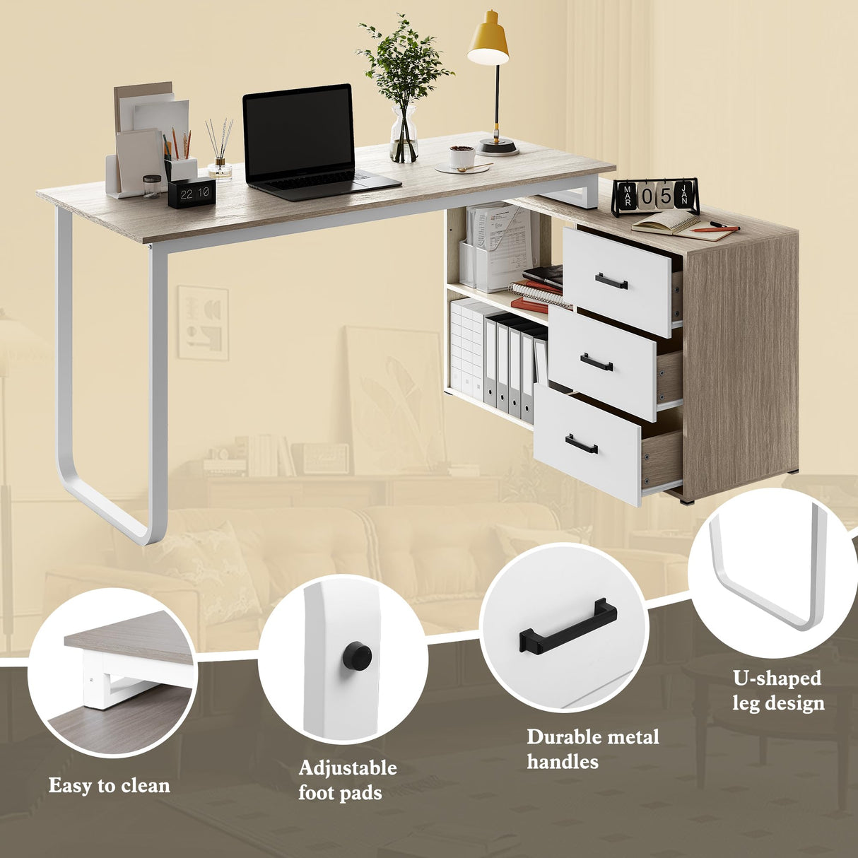 ARTPOWER L Shaped Computer Desk with 3 Drawers and Shelf,55" Large Home Office Corner Desk with Storage Cabinet,Computer Table for PC Executive Writing Study Work,Reversible Gaming Desk,Walnut ARTPOWER