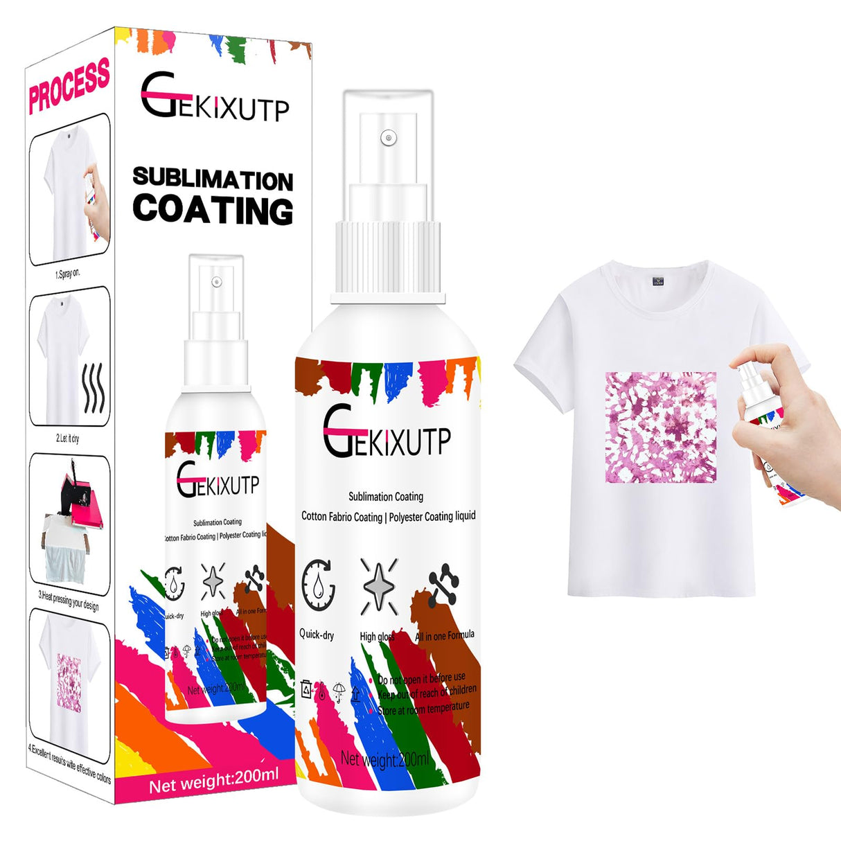 GEKIXUTP 200 ml Sublimation Spray for Cotton Tshirts,Sublimation Coating Spray for T-Shirts,Canvas, Polyester Fabric,Quick Dry, High Gloss,Polyester Spray for Sublimation GEKIXUTP