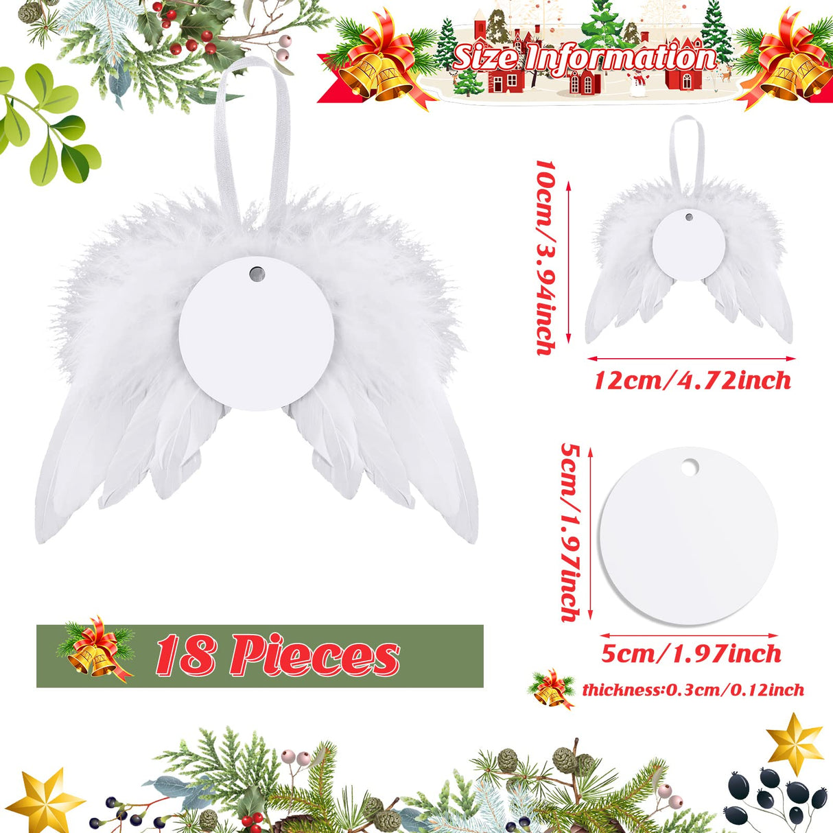 36 Pieces Angel Feather Wings Ornament Sublimation Ornament Blanks Set White Angel Wings for Crafts Round Hanging Sublimation Blanks Bulk for Tree Decor Party Decorations DIY Craft BBTO