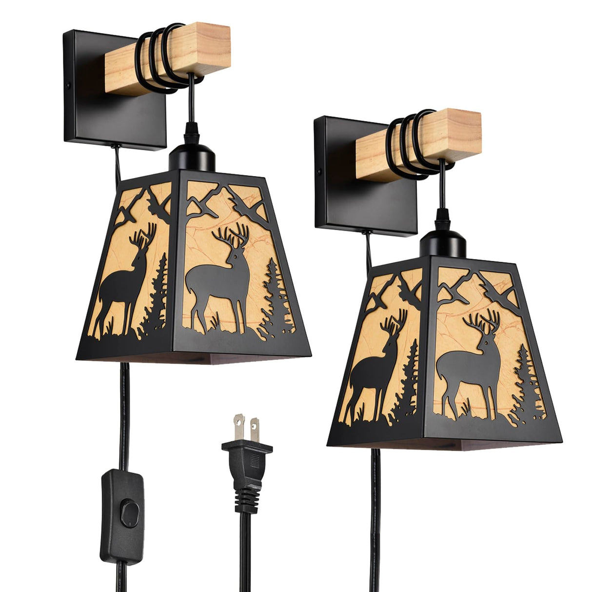 Sunnyin Plug in Wall Sconce,Deer Matte Metal Rustic Wall Sconces,Black Wall Lights,Farmhouse Parchment Paper Lamp Shades Wall Sconce Set of Two,Wall Lamps for Bedside,Living Room,Bedroom,Hallway Sunnyin