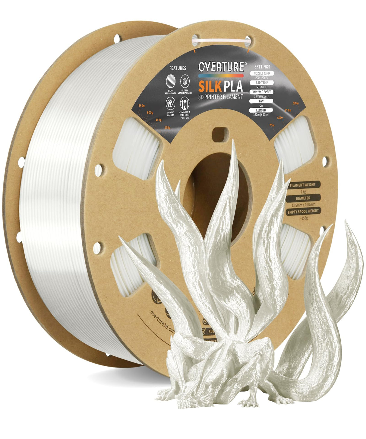 OVERTURE Silk Filament PLA 1.75mm Clog-Free Shiny 3D Printer Filament, 1kg Spool (2.2lbs), Dimensional Accuracy +/- 0.02 mm, Fit Most FDM Printer(Silk White) OVERTURE