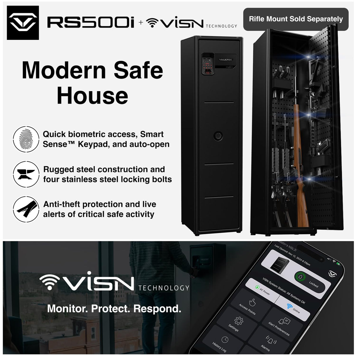 VAULTEK RS500i Compact Quick Access Biometric Rifle Safe with Modular Interior, ViSN Smart WiFi, Live Alerts, Auto-Open Door, & Anti-Theft Protection, Modular High Capacity Safe / ViSN RS500i VAULTEK