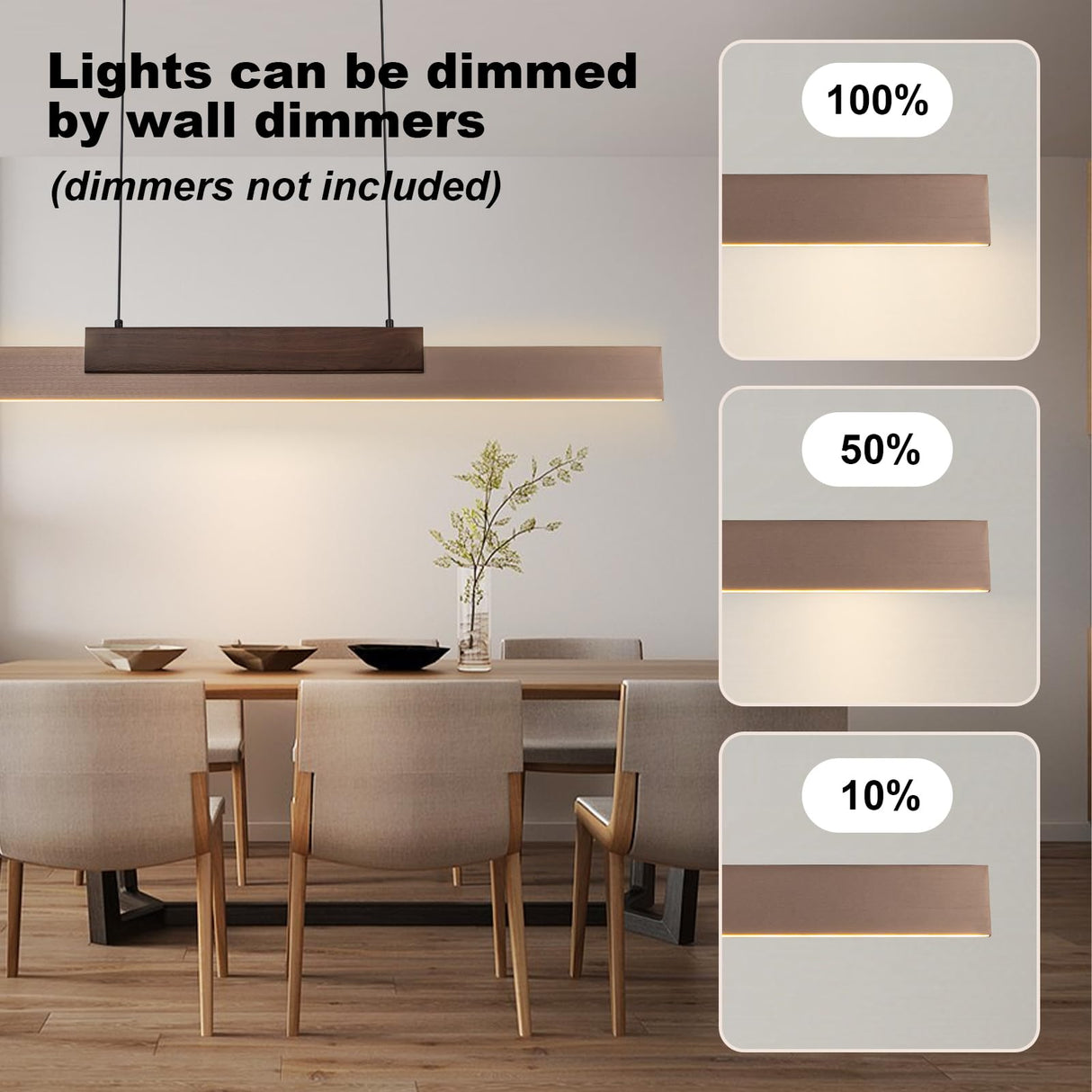 Y'INSP Modern Wooden LED Pendant Light Fixtures 47 Inch Linear Dimmable Pendant Light Height Adjustable Dining Room Light 35W Walnut Color Linear Chandelier for Kitchen Island Y'INSP