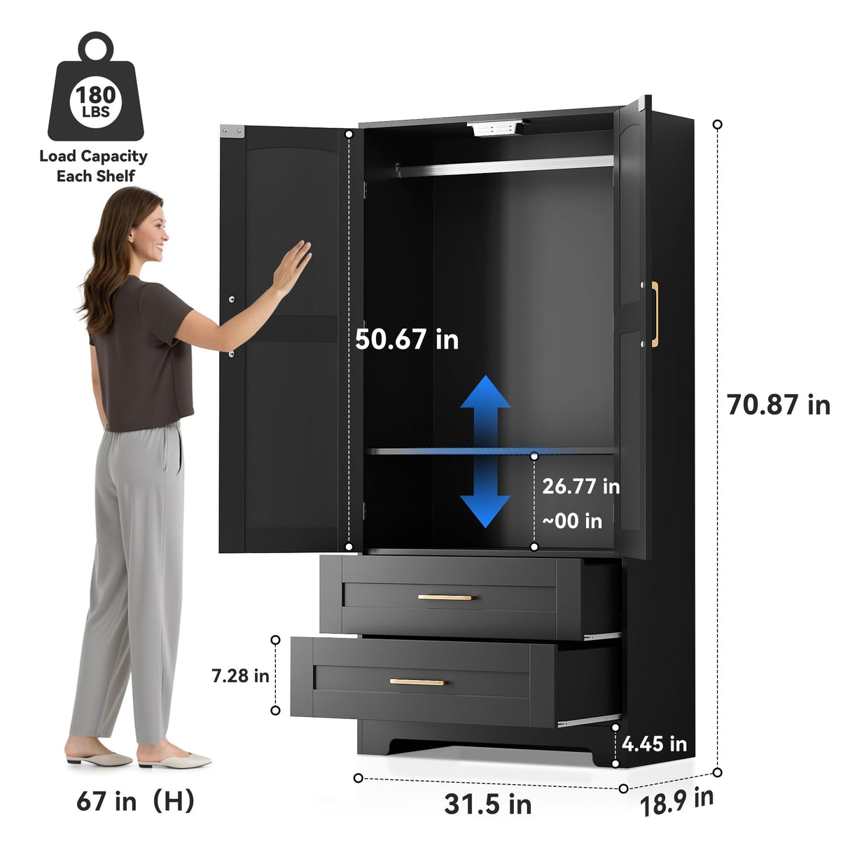 Wooden Armoire Wardrobe Closet with 2 Drawers, Bedroom Armoires with Door and Shelves, Freestanding Wardrobe Clothing Storage Cabinet with Hanging Rod for Bedroom, Laundry Room, Cloak Room(Black) Honsiva