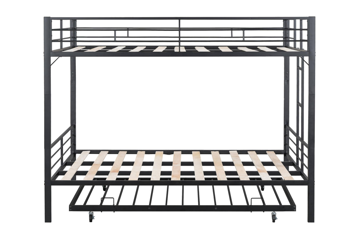PVWIIK King Over King Bunk Bed with Trundle and Ladder for Kids,Adult,Teenagers,Heavy Duty Metal Bunk Bed w/Full Length Guardrail for Dorm,Bedroom,Guest Room,No Box Spring Needed,Black PVWIIK