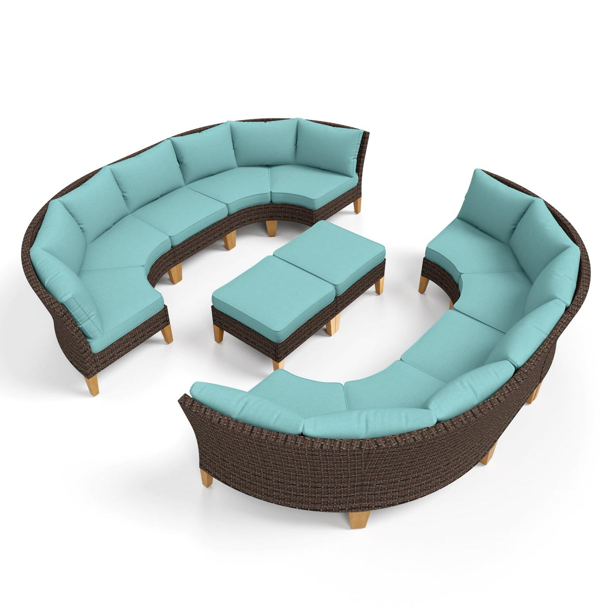 Sophia & William Outdoor Wicker Sectional Sofa Set, 12 Piece Half Moon Curved Patio Furniture Modern Round Outdoor Couch Conversation Set with Ottoman for Backyard, Deck, Garden(Aqua Blue) Sophia & William