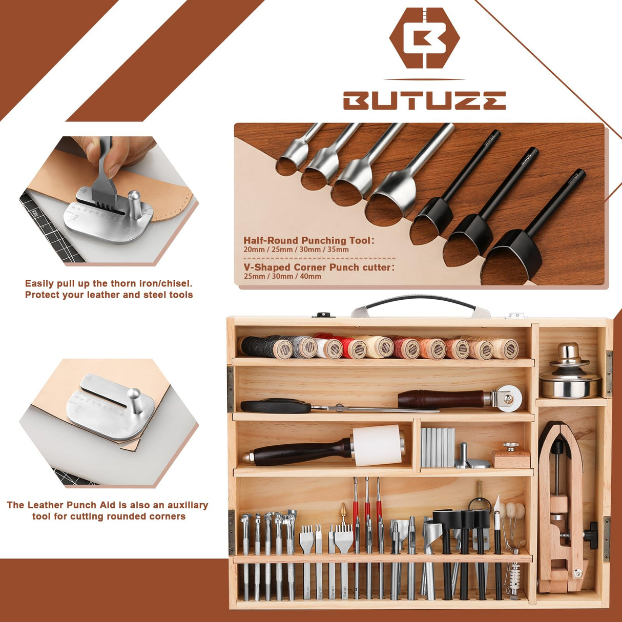 BUTUZE Leather Working Kit, Boxed Leather Tooling Kit, Leather Crafting Tool Kit, Cutting, Punching, Carving, Heavy Duty Leather Sewing Kit Professional Leather Working Tools and Supplies BUTUZE
