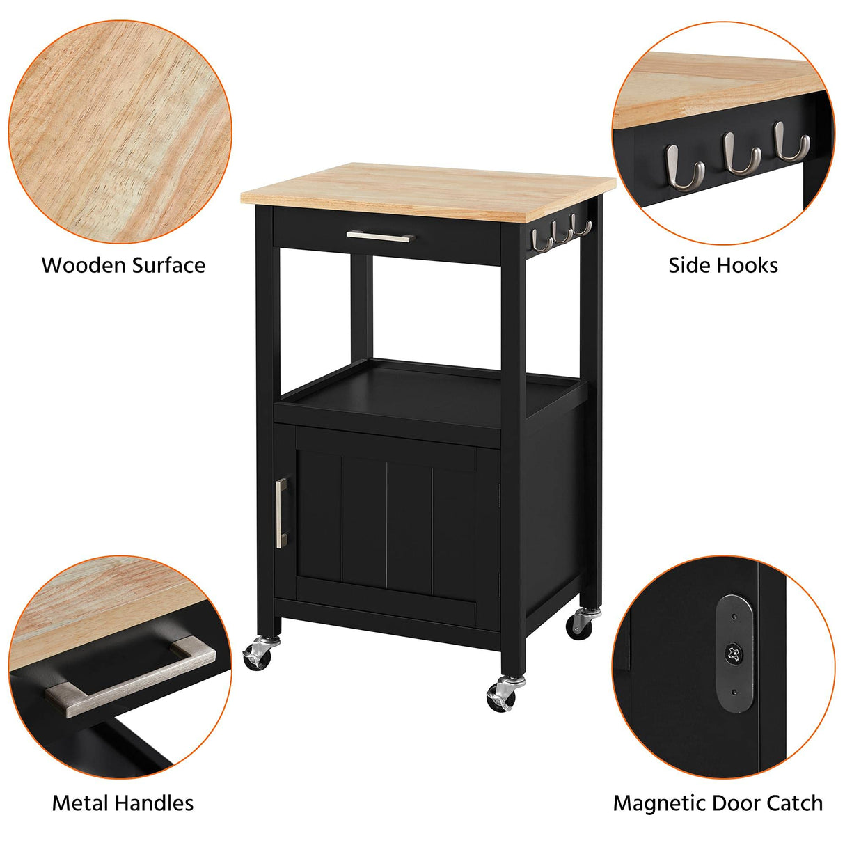 Yaheetech Small Kitchen Island on Wheels with Wood Top and Drawer, Trolley Cart with Open Shelf and Storage Cabinet for Dining Room, 22x18x35 Inches, Black Yaheetech