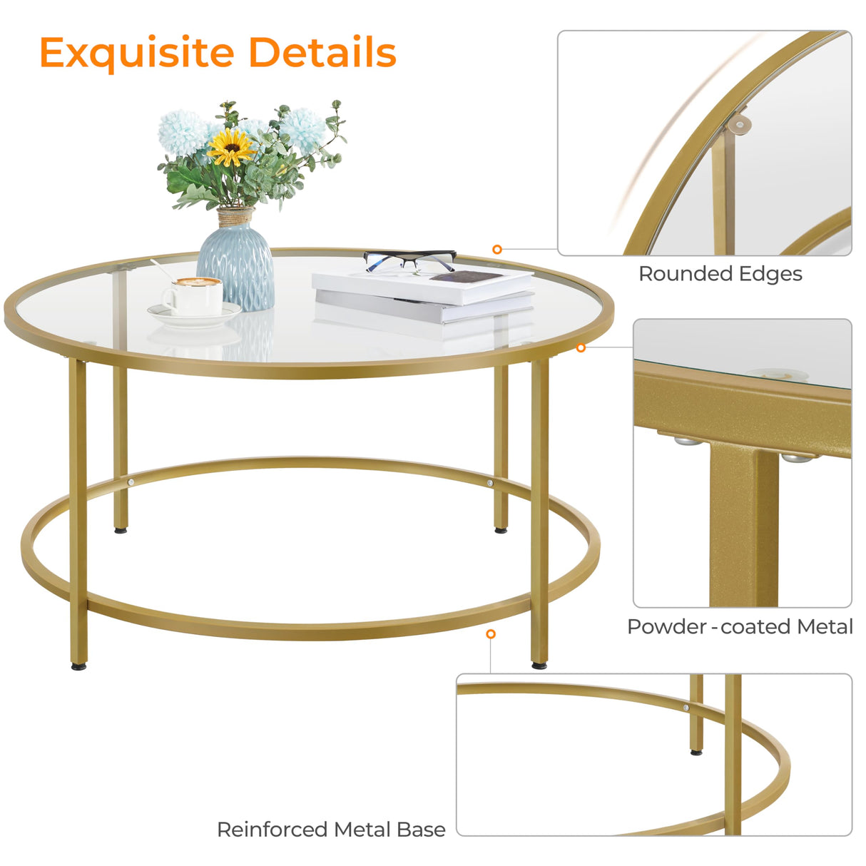 Yaheetech Gold Glass Coffee Table for Living Room, 36" Round Glass Coffee Table with Metal Frame, Circle Coffee Table for Home, Office, Apartment Yaheetech