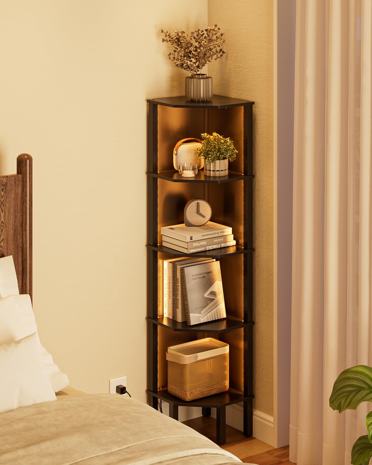 Acodaiuy Corner Shelf, 5 Tier Corner Bookshelf with LED Light,Wall Display Corner Shelf Stand with Storage Rack for Living Room,Bedroom,Office,Black Acodaiuy