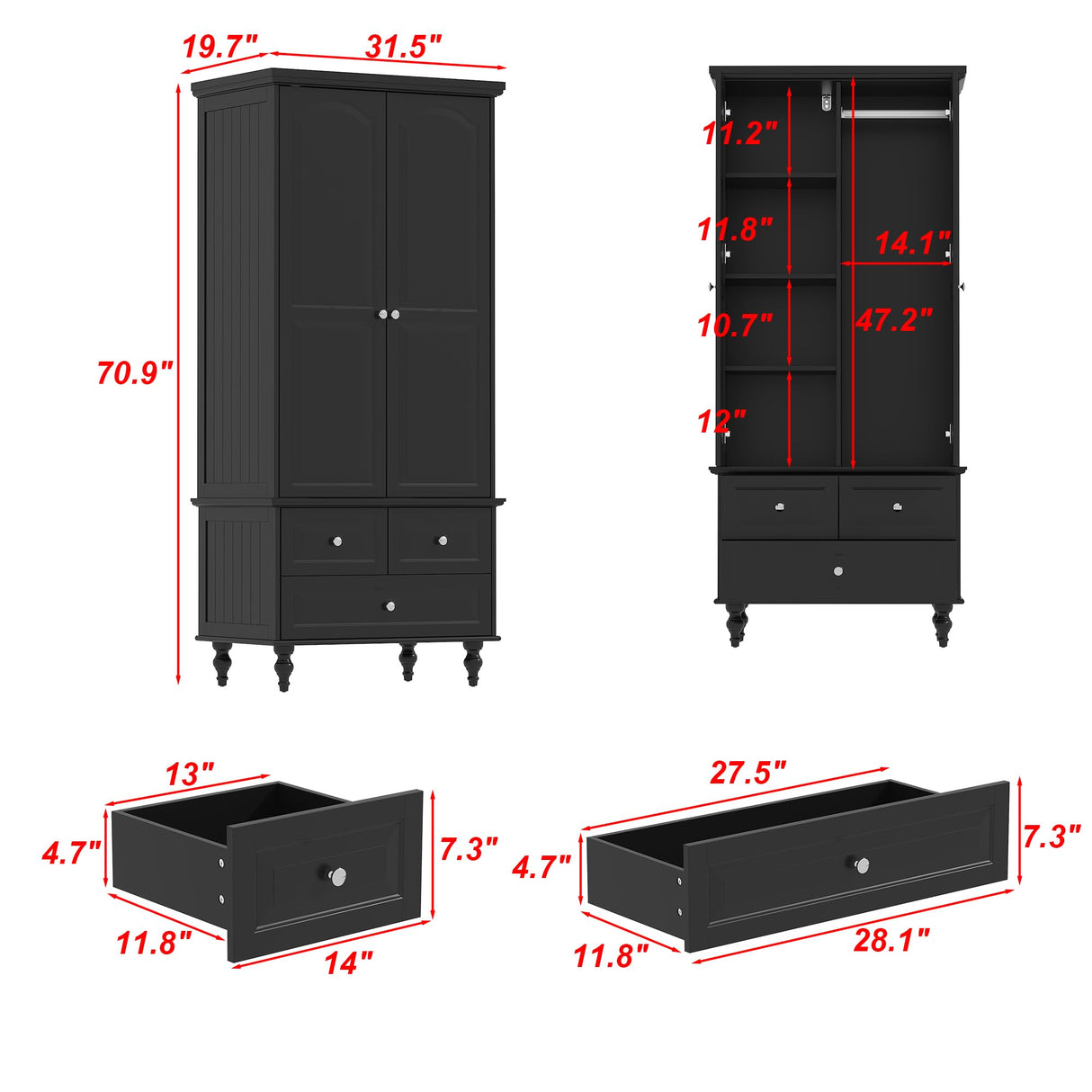 FUNISIR Bedroom Wardrobe Cabinet with 2 Doors, Wood Armoire Closet with Hanging Rod, Wardrobe Closet with 3 Drawers & Multi-Shelves for Clothes Organize, Black (19.7" D x 31.5" W x 70.9" H) FUNISIR