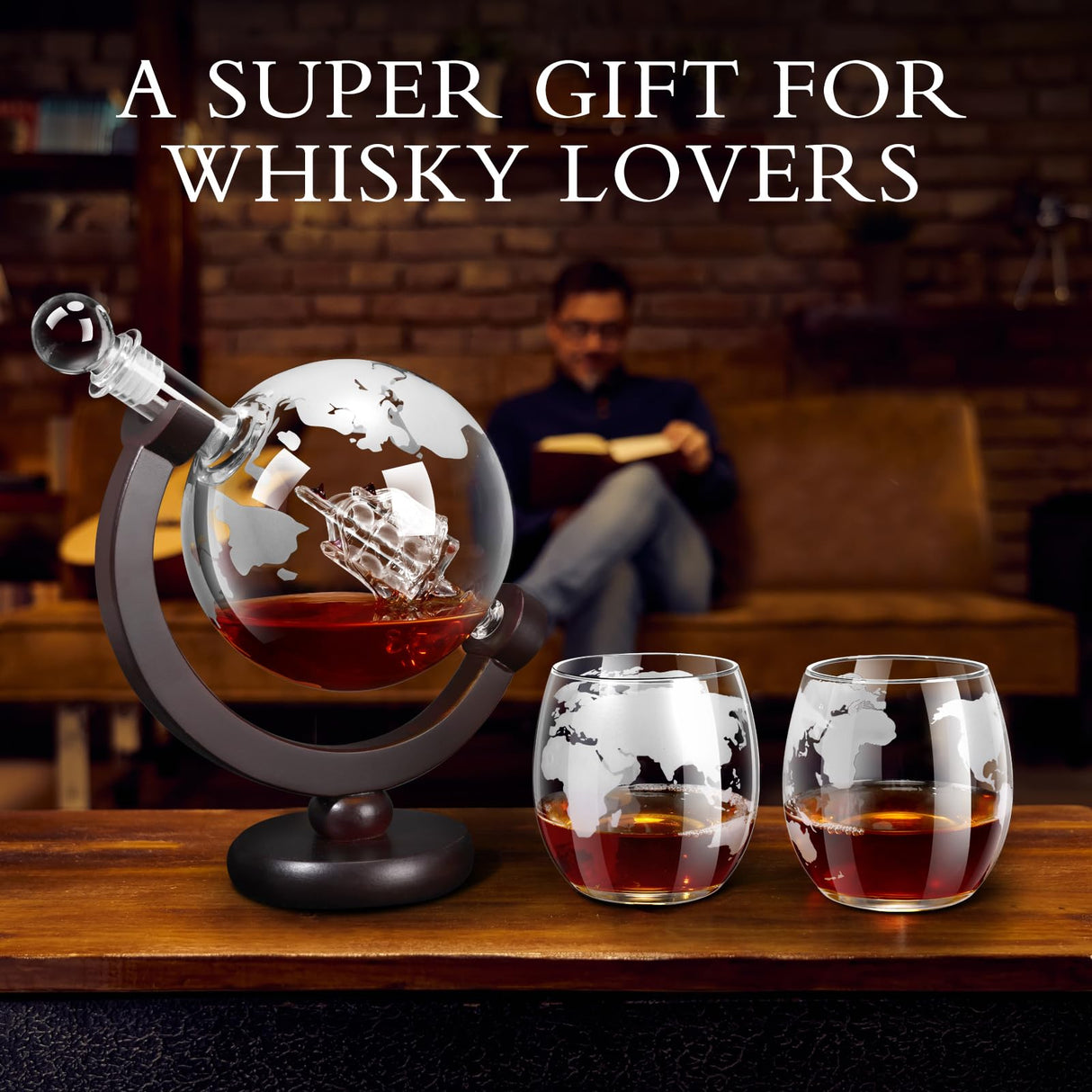 Whiskey Decanter Sets for Men, Whiskey Decanter Globe Set with 2 Etched Globe Whisky Glasses for Liquor, Bourbon, Cocktails, Vodka, Scotch liquor decanter Sets for Men - 850ml VI AI