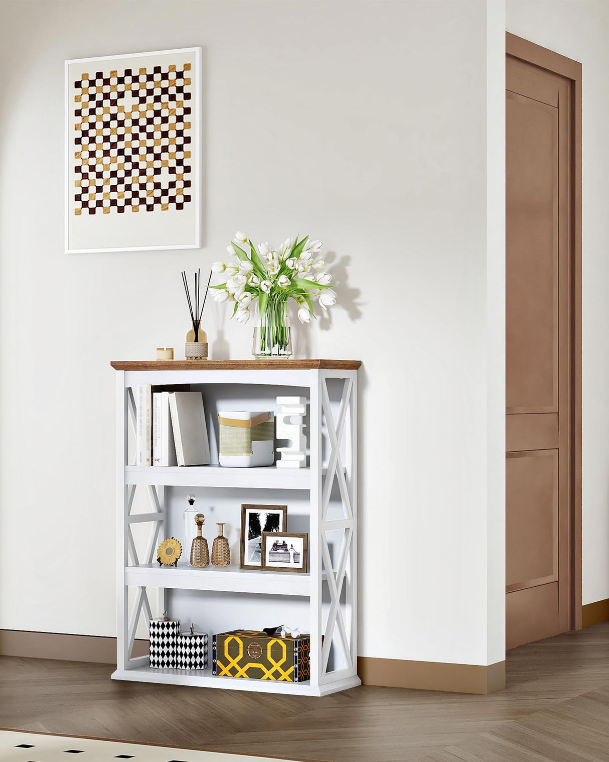 CHOEZON 4-Tier Bookcase, 42.9" Floor Standing Organizer Shelf, Corner Book Stand, Metal Frame, for Study, Bedroom, Living Room, White and Walnut TSJ01WL CHOEZON