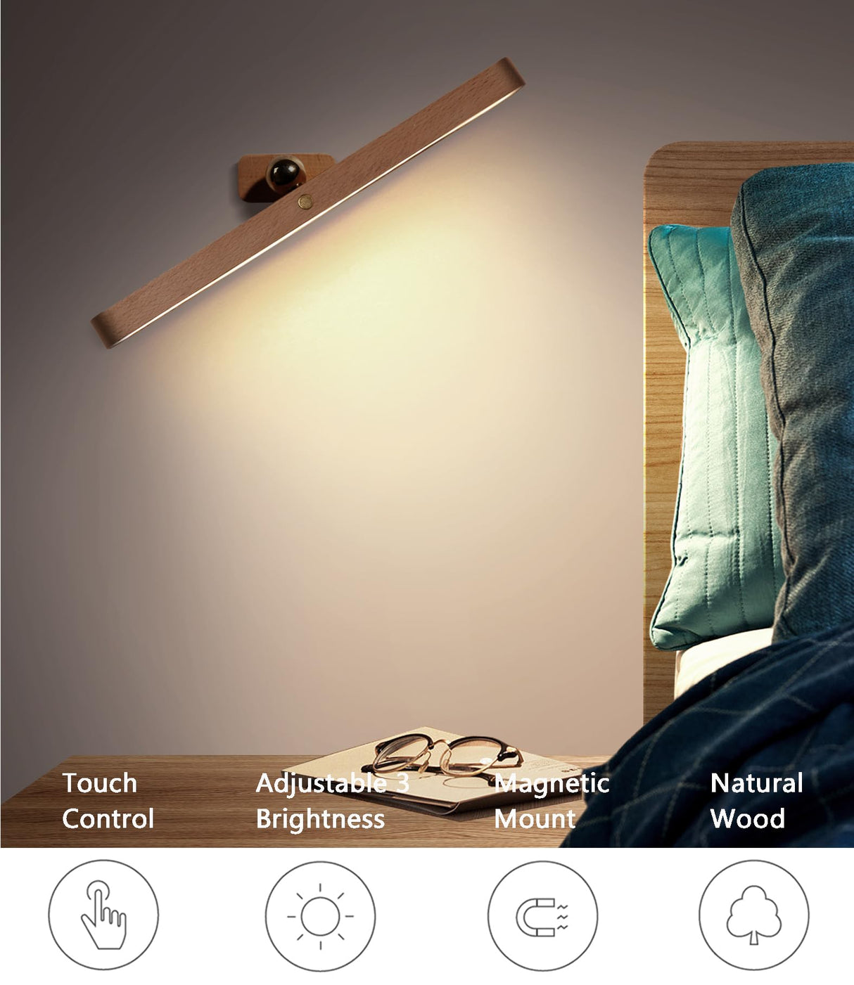 Chilvane Wooden Vanity Light Wall Sconce Battery Operated Wall Light LED 360° Rotable Magnetic Ball Dimmable Rechargeable Wall Mounted Cordless Night Light for Mirror Makeup Bathroom Bedroom Household Chilvane