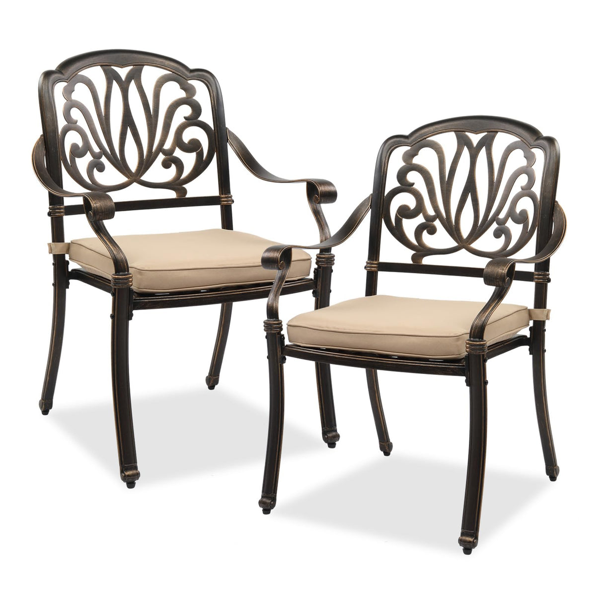 VINGLI Outdoor Dining Chairs Set of 2 Aluminum Patio Chairs, Cast Aluminum Patio Furniture Aluminum Outdoor Chairs for Backyard, Poolside, Balcony Bronze (with Cushion) VINGLI