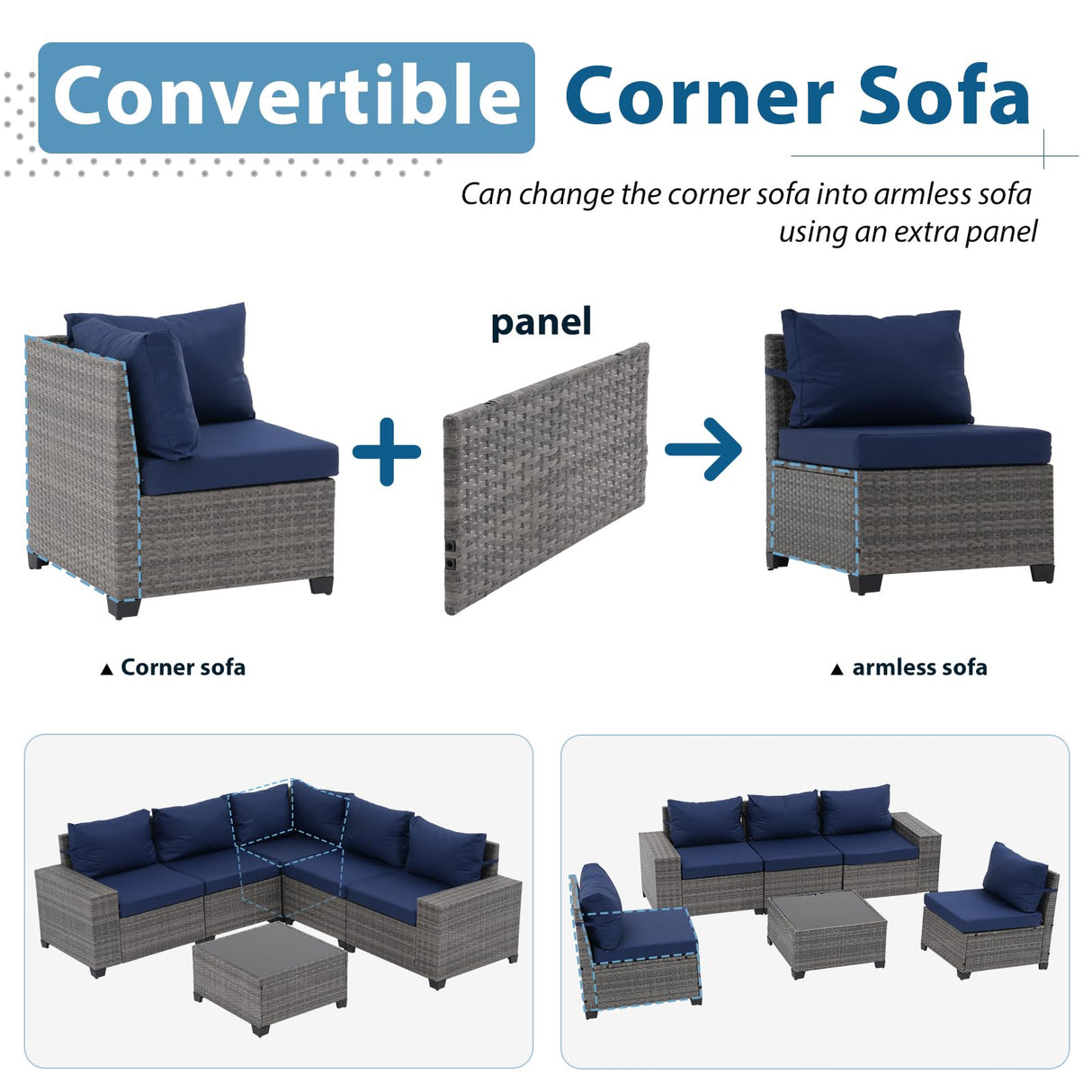 JOIVI Patio Furniture Set with Coffee Table - Flexible 6 Piece PE Wicker Rattan Outdoor Sofa Configuration, Enhanced Comfort with Additional Cushion Covers, Ideal for Family Game Nights, Blue JOIVI