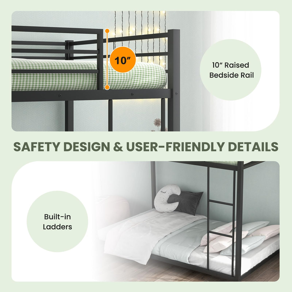 KOMFOTT Metal Low Bunk Bed Twin Over Twin, Heavy Duty Bunk Bed Frame with Ladder & Full-Length Guardrails, Metal Slatted Floor Bed Frame for Teens & Adults, No Box Spring Needed (Black) KOMFOTT